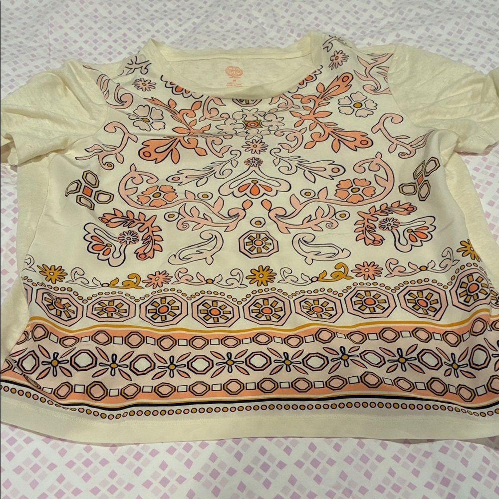 Tory Burch Cream and Pink Patterned Linen Top